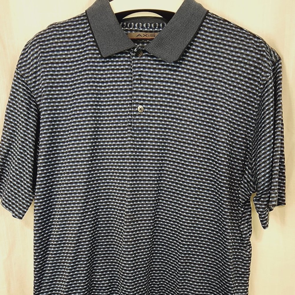 Axis blue/gray/black geo pattern with contrasting collar polo, size Large.